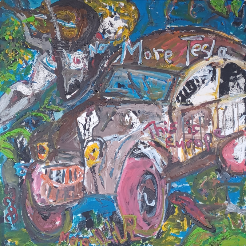 « No more Tesla, this is Europe », série « Revisitons nos classiques », acrylique sur toile, 80x80cm, 2025 « No more Tesla, this is Europe », série « Revisitons nos classiques », acrylique sur toile, 80x80cm, 2025