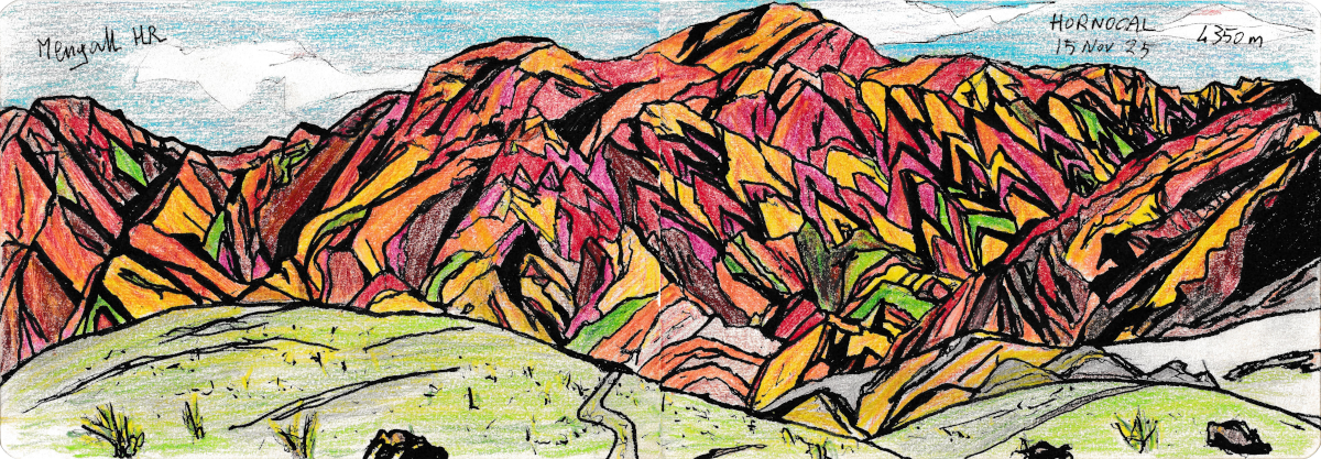 Hornocal, 4350 m, feutres et crayons de couleurs sur papier, 40,6 x 14,1 cm, 15 novembre 2025, Mengall HR. Hornocal, 4350 m, feutres et crayons de couleurs sur papier, 40,6 x 14,1 cm, 15 novembre 2025, Mengall HR.