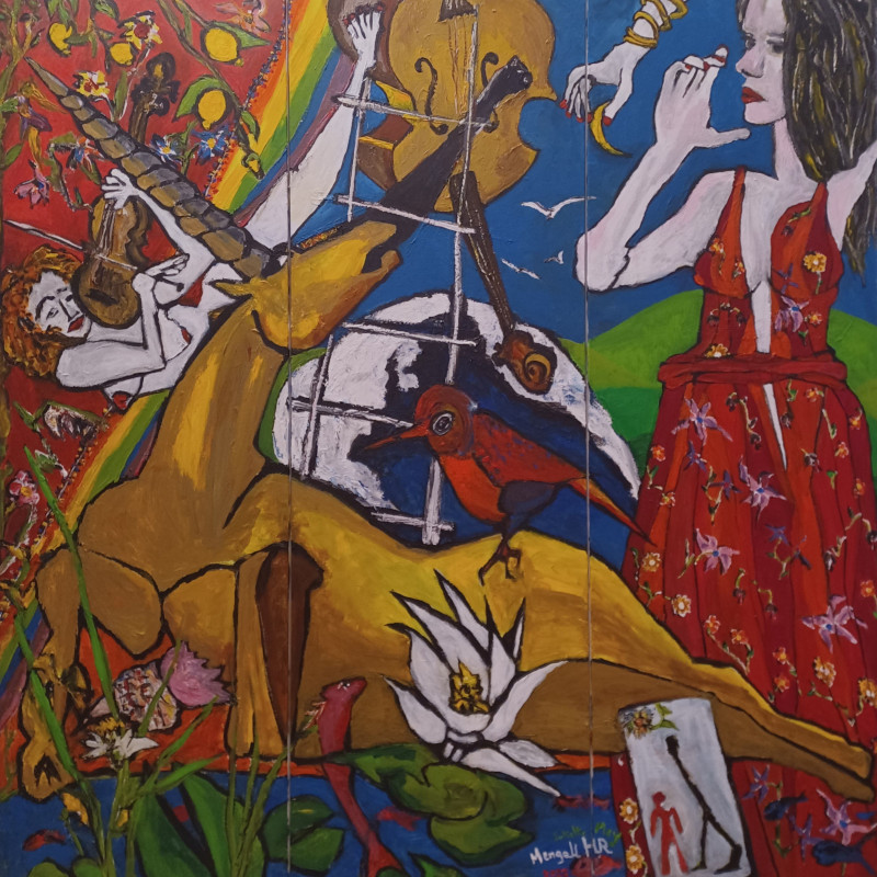 Hommage Juliette MEY, triptyque 3x 50x150 cm, acrylique sur toile, 2023. Hommage à Juliette Mey