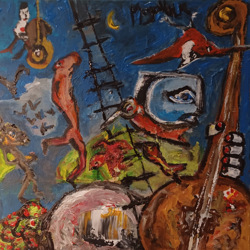 Le poisson qui marche, 40x40 cm, acrylique sur toile, série Revisitons nos classiques, 2024. Le poisson qui marche