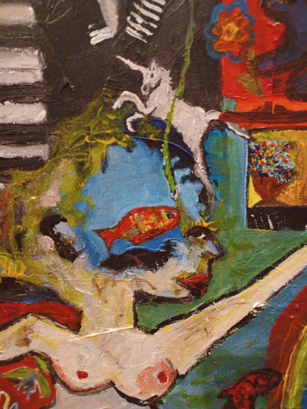 La licorne dans Réflexions sur ouverture au classique, 40x40 cm, acrylique sur toile, série Revitons nos classique, 2024. La licorne dans Réflexion sur ouverture au classique